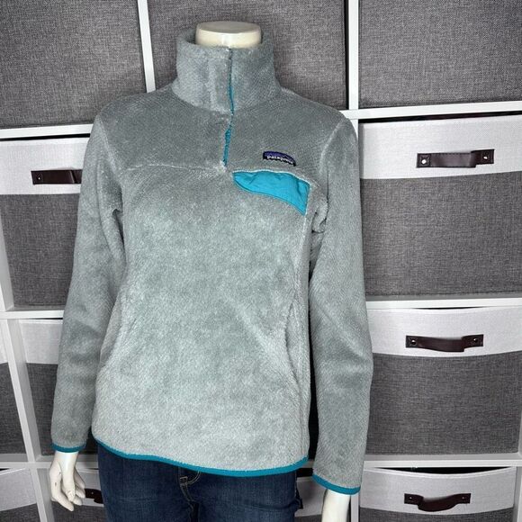 Patagonia Re-Tool Snap T Fleece Pullover Gray Teal Quarter Snap Kangaroo Pocket - Picture 11 of 13